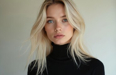 Fototapeta premium Blonde woman with blue eyes wears black turtleneck. Natural makeup, confident gaze convey strength, poise against light background. Embodies modern femininity, inviting presence for editorial use.