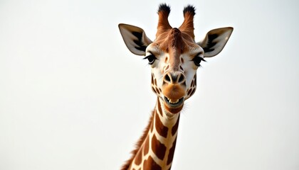 Obraz premium Close photo of cheerful giraffe. Exotic animal portrait shows a smiling expression. Funny mammal with long neck on white background in studio shot. Joyful giraffe looking at camera.