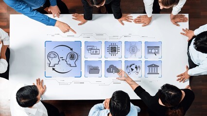 A diverse business team engages in a collaborative meeting focused on artificial intelligence strategy, utilizing a digital interface to share ideas and concepts. Raster