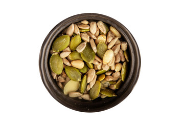 Seed mix sunflower seeds and pumpkin seeds natural product tasty snack fresh delicious gourmet food background on the table rustic top view copy space keto and paleo diet vegan and vegan food