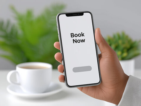 African American man holding smartphone displaying booking app interface with clear call to action, surrounded by greenery and coffee cup, illustrating modern technology use