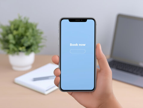 Hand holding smartphone displaying blue screen with 'Book now' button, surrounded by minimalistic workspace elements, showcasing modern technology and digital interaction - Powered by Adobe