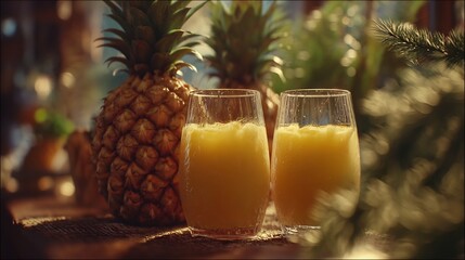 Two glasses of pineapple juice with whole pineapples in the background and christmas tree branch