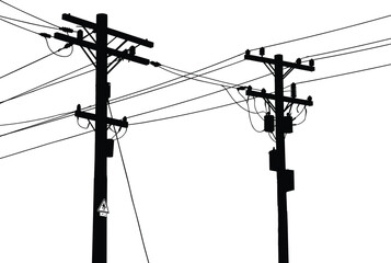 Utility pole silhouette with transformer and high voltage warning sign, electrical distribution network, urban energy infrastructure, power line system, electricity grid