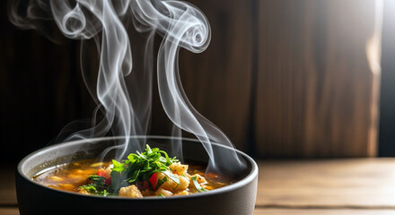 Steaming bowl of hot homemade soup with fresh herbs for a cozy dinner