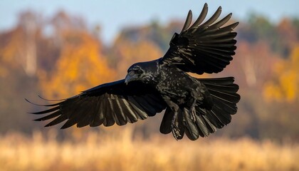 Black Crow in Flight Over Autumnal Landscape.