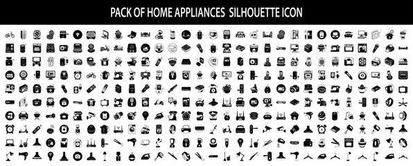 Vector art of an extensive collection of black silhouette icons depicting various home appliances and household items, isolated on a
