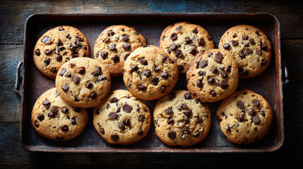 Baked chocolate chip cookies on tray, rustic dessert food photo