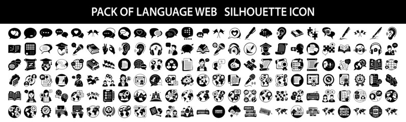 Vector art of pack of language web silhouette icons, illustrating communication, translation, and linguistic concepts for digital platforms
