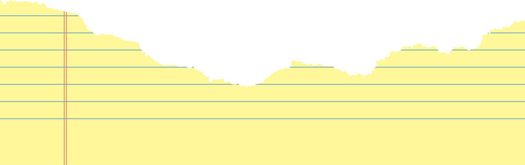 Yellow legal pad ripped paper for office. Textured notebook piece of sheet. Torn edge striped realistic shape. Collage with strokes for banner design and templates.