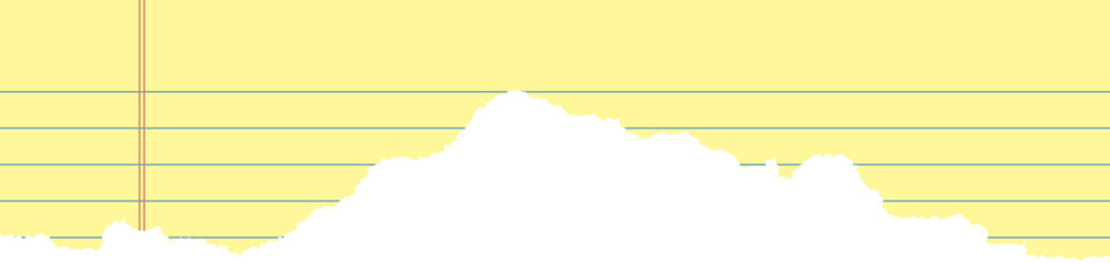 Yellow legal pad ripped paper for office. Textured notebook piece of sheet. Torn edge striped realistic shape. Collage with strokes for banner design and templates. © Chorna_L