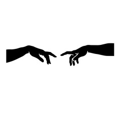 Two hands reaching icon in black for connection or creation concept