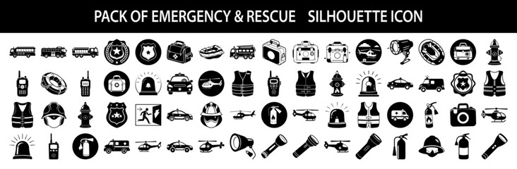 Vector art of pack of emergency and rescue silhouette icons, featuring a collection of symbols representing various aspects of emergency services, safety, and aid