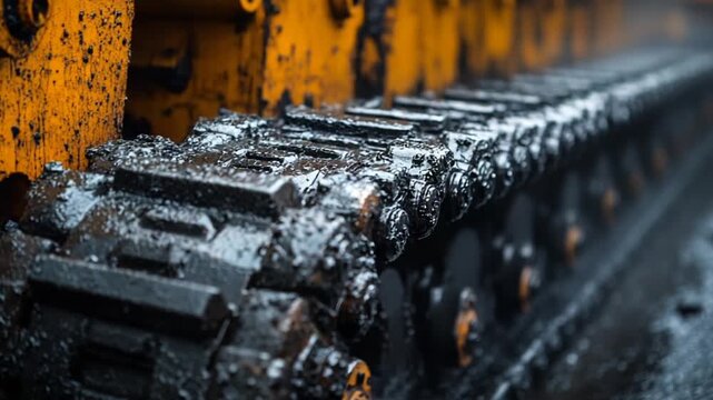 Detailed close up of a heavy construction vehicles muddy caterpillar track.