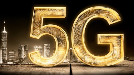 Golden 5G technology over city background showcasing future connectivity potential