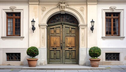 Elegant Old Wooden Front Door of a Building.