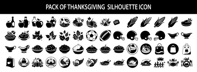 Vector art of pack of thanksgiving silhouette icons, featuring a variety of festive elements such as food, autumn leaves, football, and holiday symbols, perfect for seasonal designs and celebrations