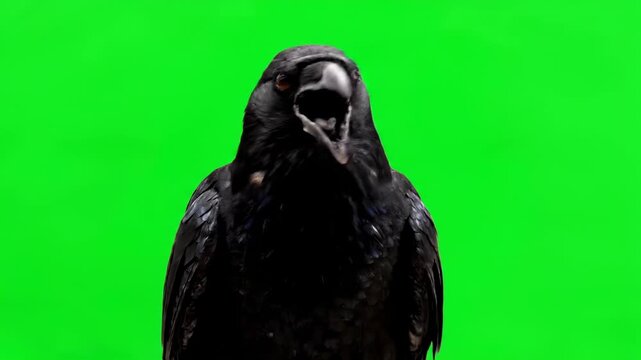A large raven cawing loudly and looking around suspiciously, isolated on a green screen fear, suspiciously, horror