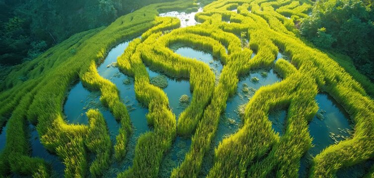 Aerial shot displays rice terraces with water. Green agriculture creates unique pattern. Landscape photo evokes peace, nature. Farming area demonstrates Asian cultivation. Eco friendly environment.