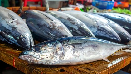 A close-up perspective showcases several freshly caught, sizable fish laid out on a wooden table. The fish gleam, highlighting their scales and dark color