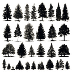 Fototapeta premium A diverse collection of black tree silhouettes on a white background.