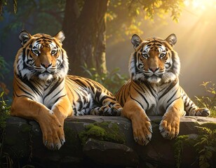 Two Majestic Tigers in Lush Forest.