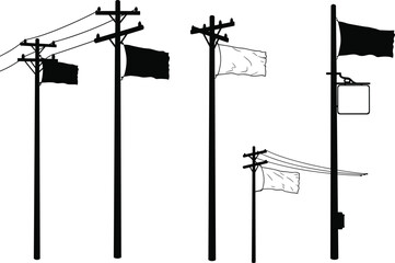 Utility poles with flags and electrical components, silhouette illustration, comparative infrastructure design, power line system, electricity grid, engineering variation artwork