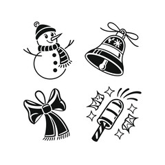 Set of four detailed realistic silhouette icons of festive christmas decorations isolated on transparent background