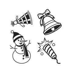 Set of four christmas icons festive snowman bell gift tree decorations isolated on transparent background