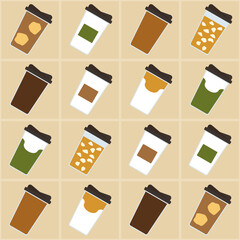 Seamless coffee pattern with takeaway cups and packaging bags in warm tones. Perfect for café branding, wrapping, menu design, and textile prints.