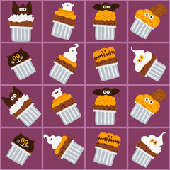 Cute Halloween cupcake seamless patterns in orange, purple, and green tones. Perfect for wrapping paper, party design, and seasonal decorations.