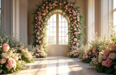 An elegant arch doorway adorned with flowers. Floral arrangement featuring pink roses and rich plants. Floral design in a bright room. Wedding backdrop decor. Interior design with natural light.