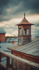A wooden structure with windows on a rooftop against a cloudy sky in a blurred background view
