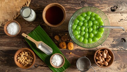 A vibrant overhead view showcases ingredients for a refreshing dessert, including green tapioca pearls, coconut, nuts, and sweetening agents on a rustic wooden surface.