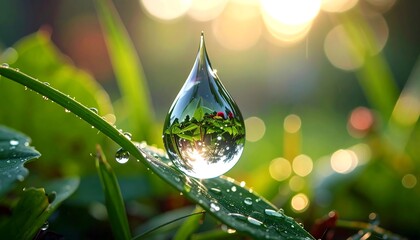 A close-up photo features a large, perfectly formed water droplet reflecting the vibrant green of surrounding foliage. Sunlight shines