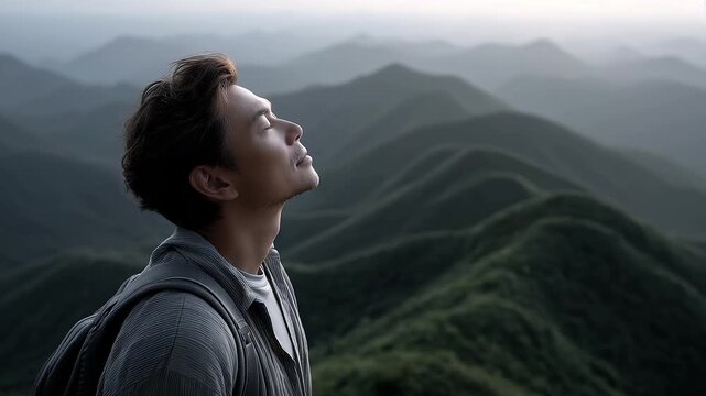 On the Summit, A Man Closes His Eyes to Feel the Serenity of Nature