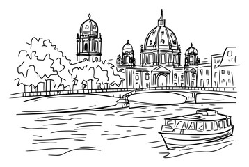 Berlin Cathedral and Spree River Sketch – historic German cityscape hand‑drawn vector illustration © Luka