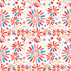 Fireworks party seamless pattern, bright colors, fireworks display, blue, yellow, red, and white, holiday, celebration, 4th of July, New Year's Celebration, pattern, art decoration, vector
