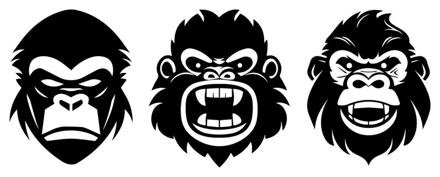Angry Gorilla Head Mascot Set &ndash; fierce ape face silhouettes vector illustration