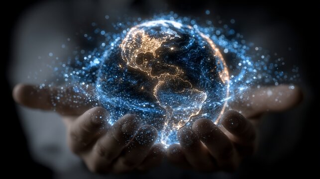 Human hands holding a glowing Earth hologram, symbolizing global connectivity and future technology - Powered by Adobe