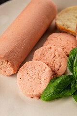 Sausage spread sandwich pork spread natural product tasty snack fresh delicious gourmet food background on the table rustic top view copy space