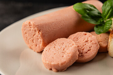 Sausage spread sandwich pork spread natural product tasty snack fresh delicious gourmet food background on the table rustic top view copy space