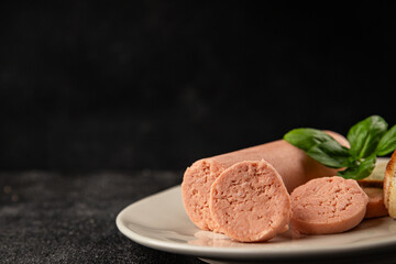 Sausage spread sandwich pork spread natural product tasty snack fresh delicious gourmet food background on the table rustic top view copy space