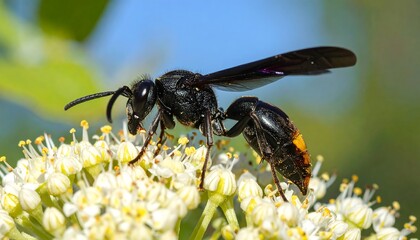 Black Wasp on White Flowers Close-up.