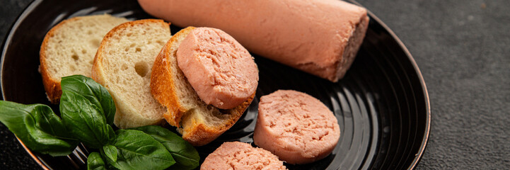 Sausage spread sandwich pork spread natural product tasty snack fresh delicious gourmet food background on the table rustic top view copy space