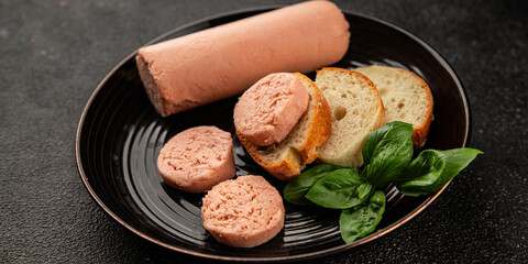 Sausage spread sandwich pork spread natural product tasty snack fresh delicious gourmet food background on the table rustic top view copy space