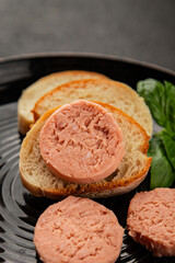 Sausage spread sandwich pork spread natural product tasty snack fresh delicious gourmet food background on the table rustic top view copy space