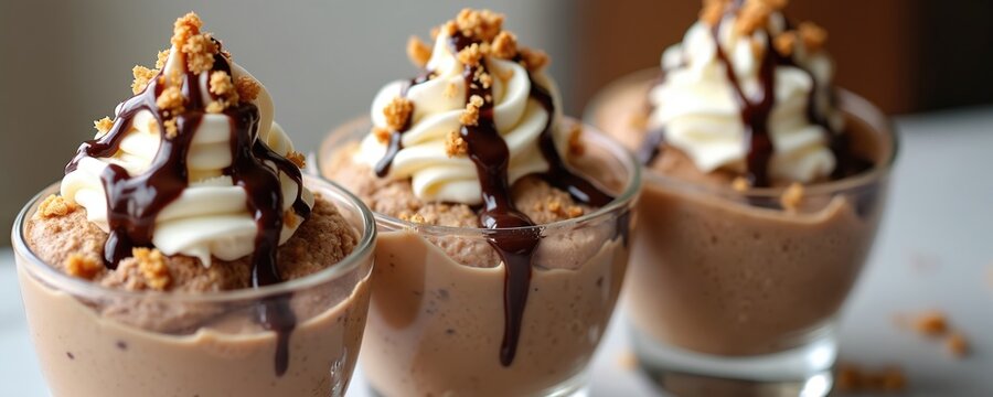 Three ice cream sundaes with whipped cream. Brown mousse dessert in glasses topped with chocolate sauce. Treats with nutty sprinkles. Gourmet food for dessert menu. Sweet snacks close up view. - Powered by Adobe