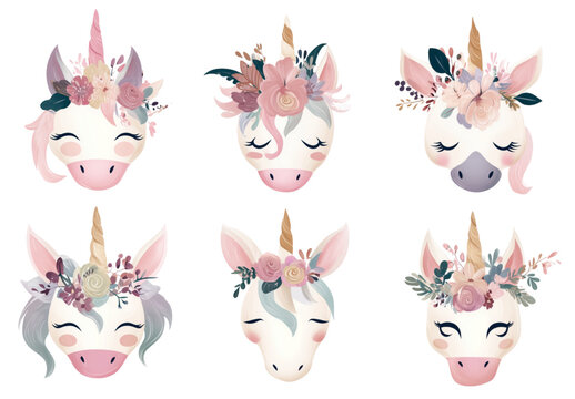 Set of six adorable watercolor unicorn faces with floral crowns. - Powered by Adobe