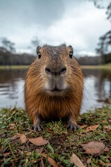 A capybara looks at the camera near a pond